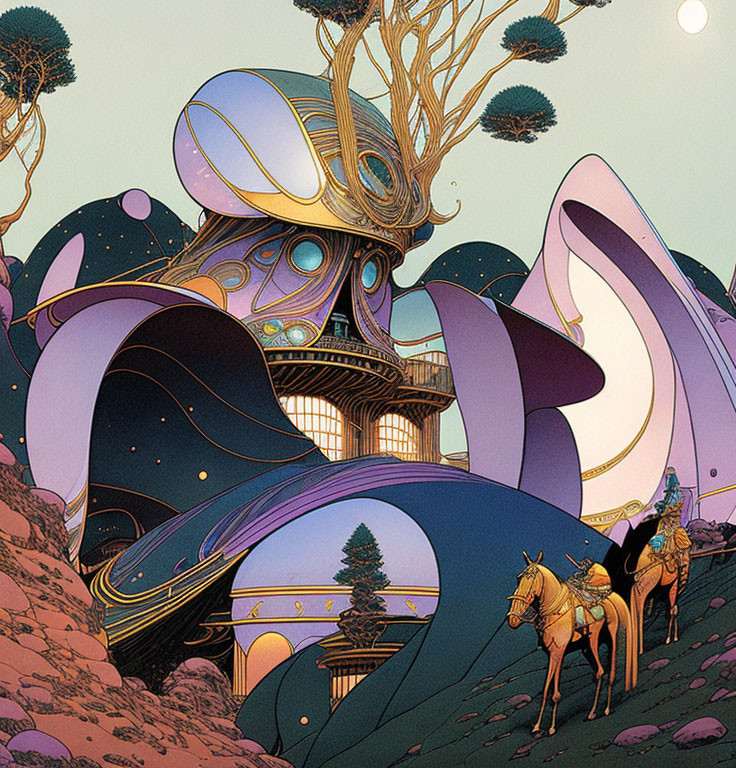 Fantastical illustration: Two riders on horseback, surreal landscape, vibrant colors