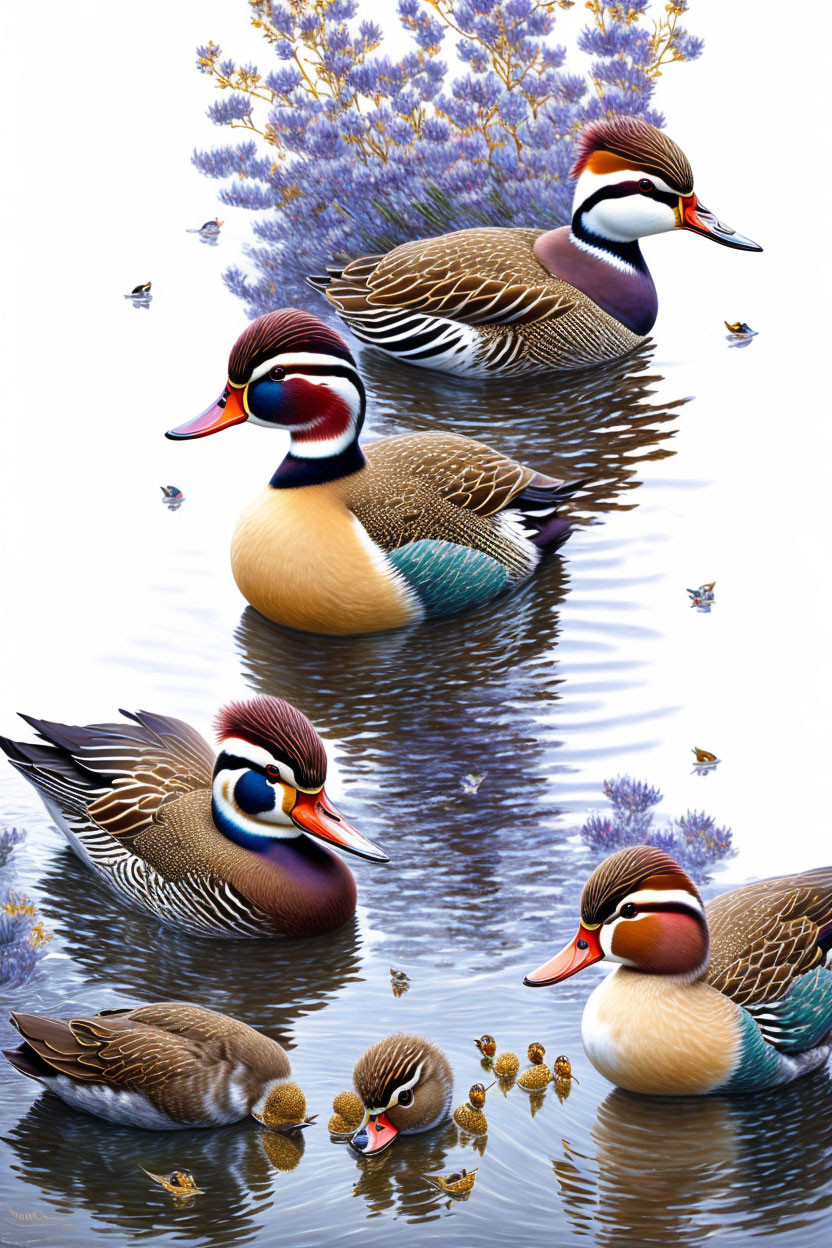 Colorful digital artwork: Five mandarin ducks, water reflections, purple flowers, and butterflies