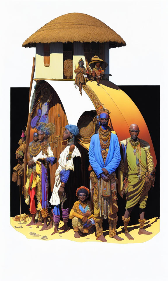 African individuals in traditional attire near round hut under stylized sun