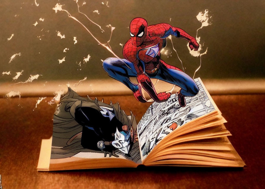 Spider-Man leaping from comic book with villain against brown background