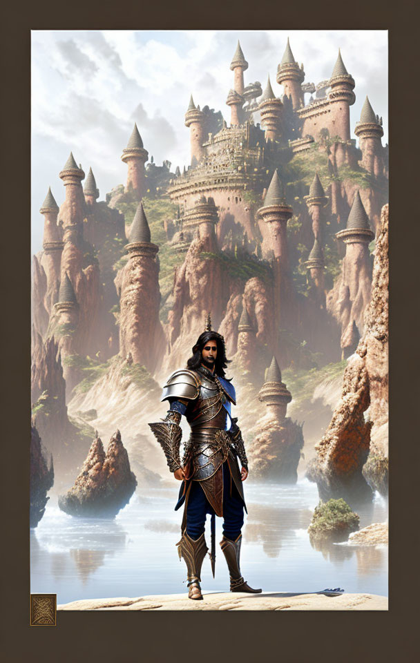 Knight in ornate armor at fantastical castle on towering rock pillars