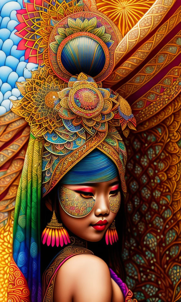 Colorful illustration of a girl with ornate headdress and makeup