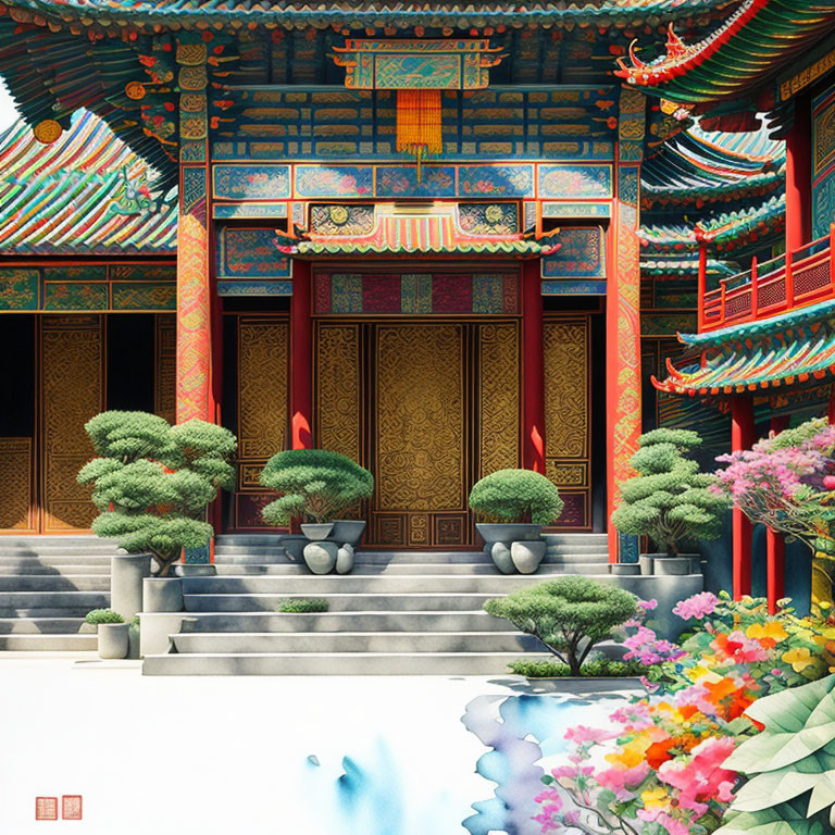 Vibrant Traditional Chinese Building with Red Pillars and Golden Doors