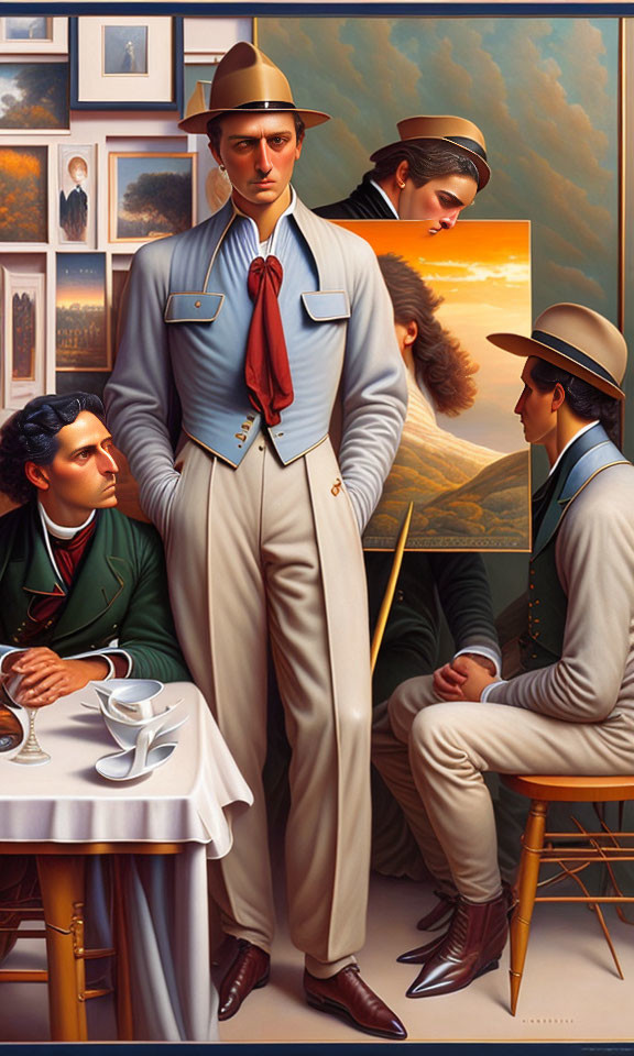 Vintage Attired Men in Surreal Landscape Painting