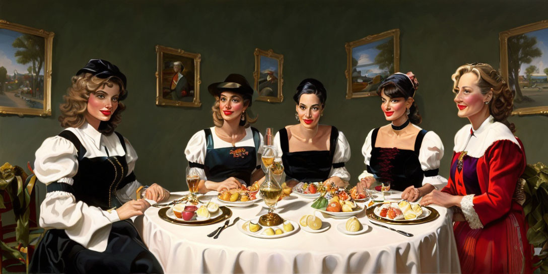 Five Women in Vintage Attire Dining Among Classical Paintings