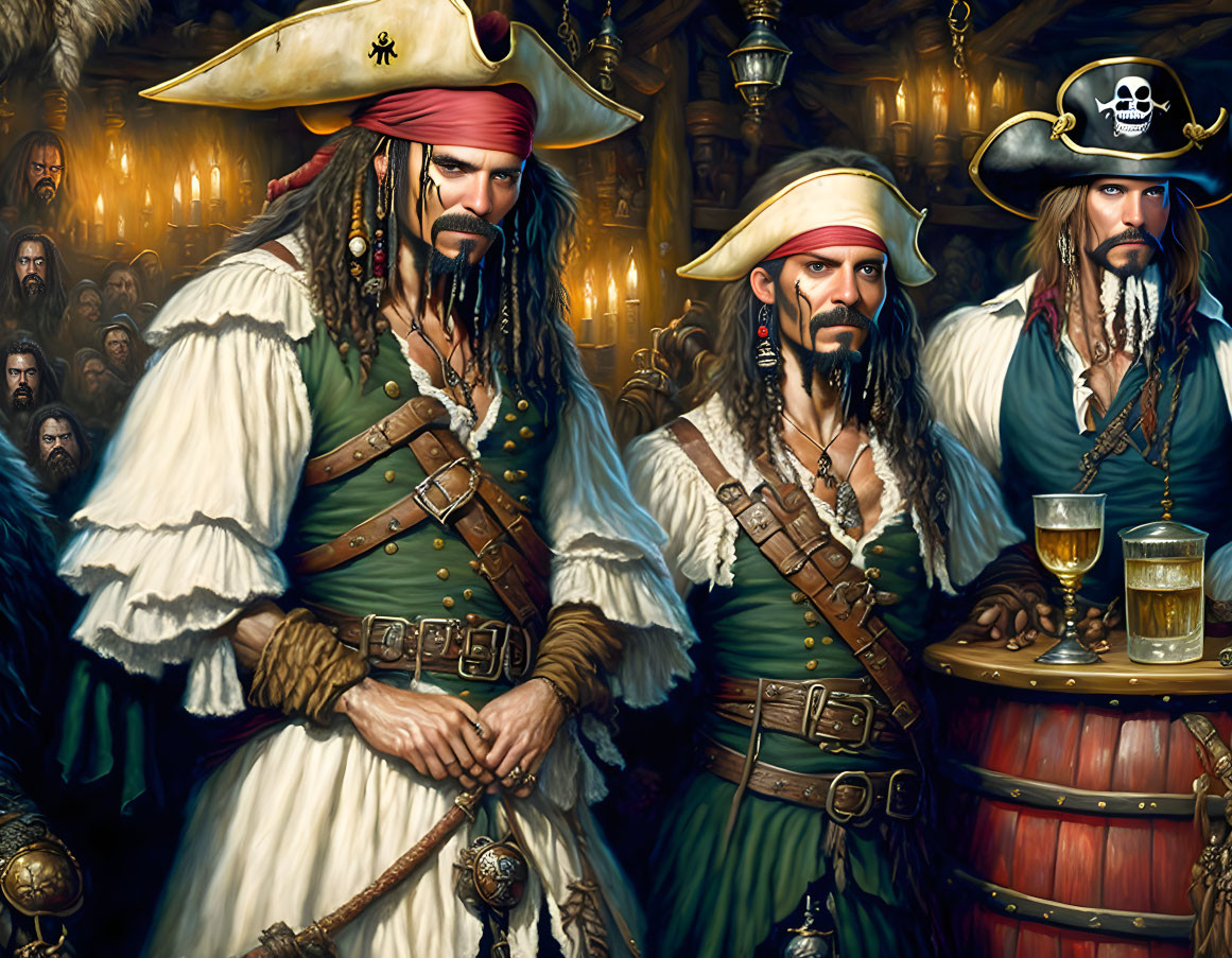 Illustrated pirates in traditional garb with crowded tavern scene.