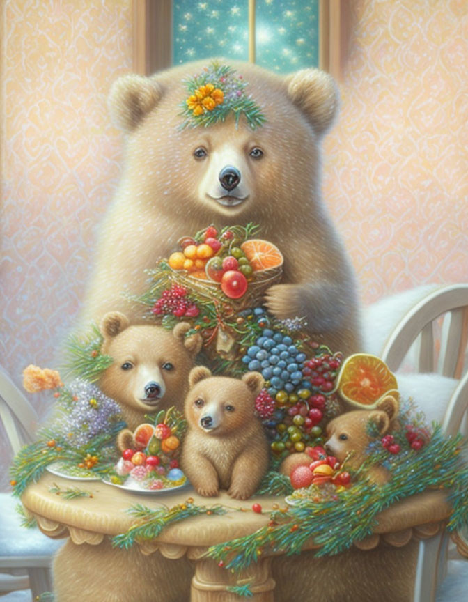 Anthropomorphic Bear Family Portrait Surrounded by Fruits and Flowers