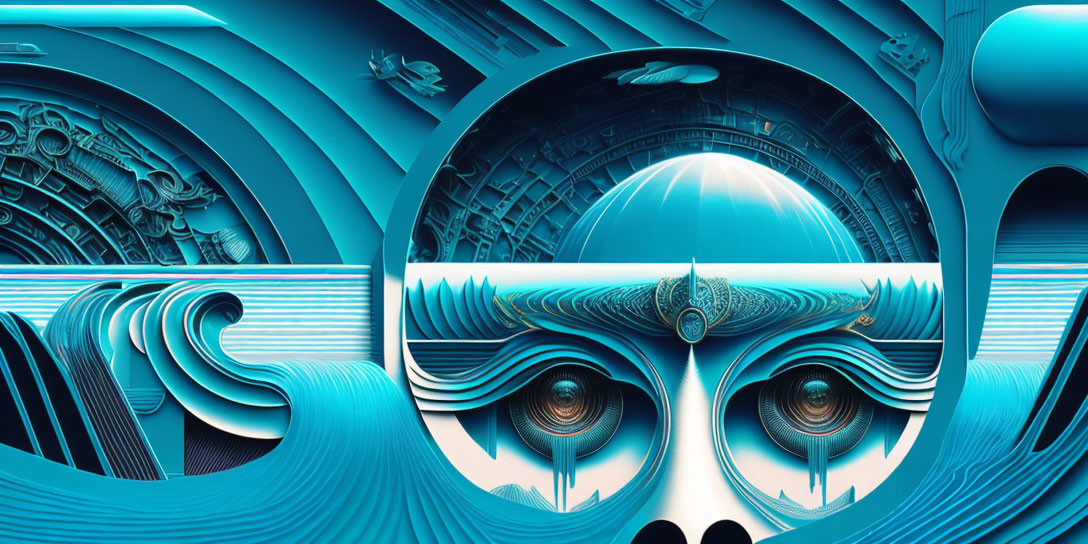 Surreal digital artwork: eye, waves, gears in blue futuristic design