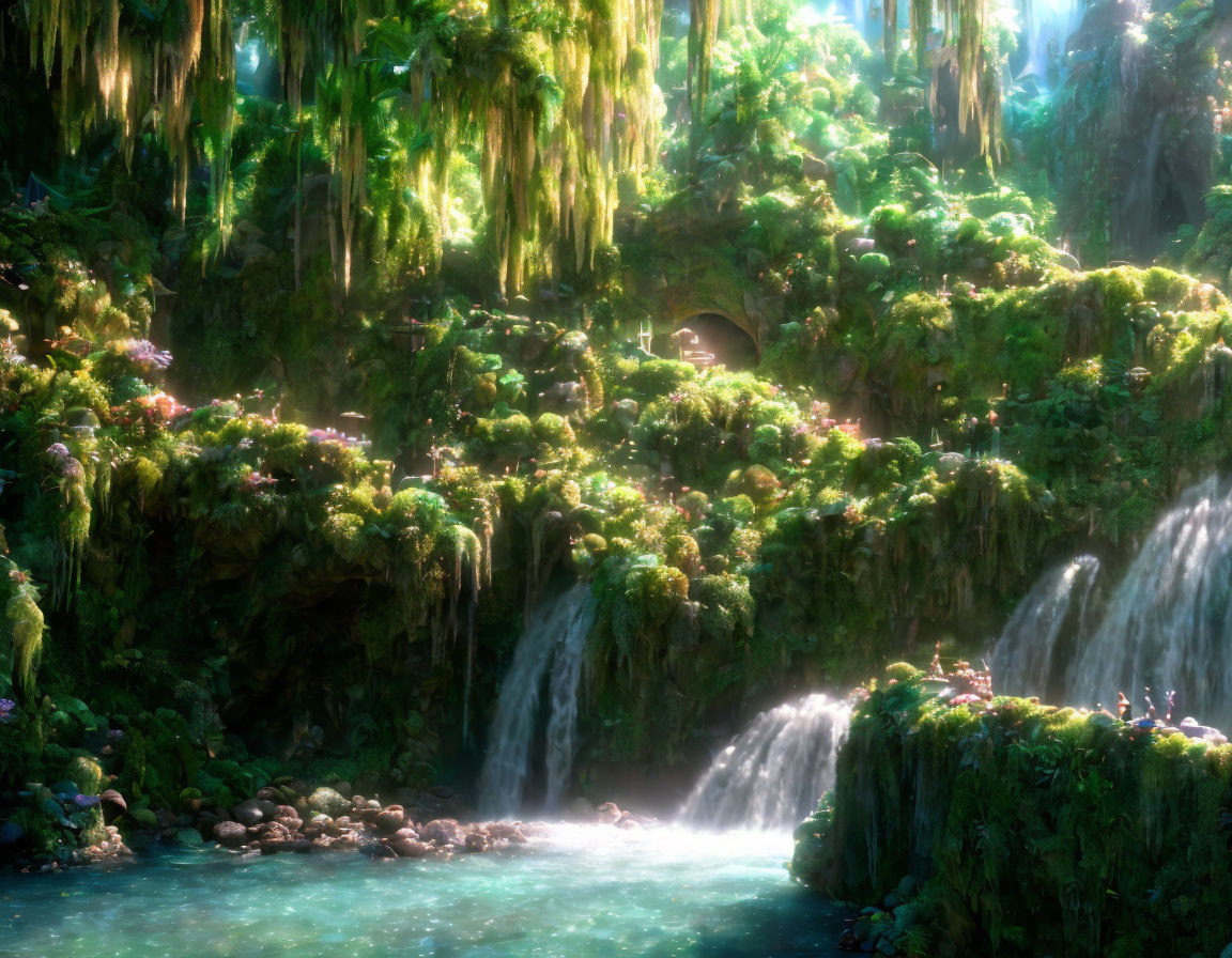 Enchanting forest landscape with sunlight, waterfalls, greenery, and flowers