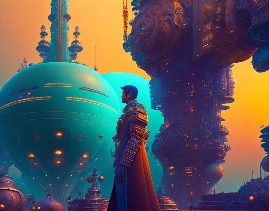 Futuristic man in uniform overlooking ornate cityscape at dusk