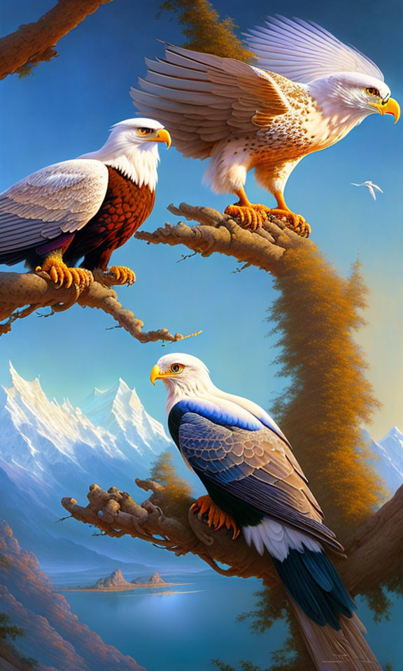 Majestic bald eagles on branches with mountain landscape and lake.