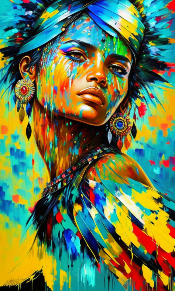 Colorful Woman Portrait with Feathered Headdress and Splattered Paint