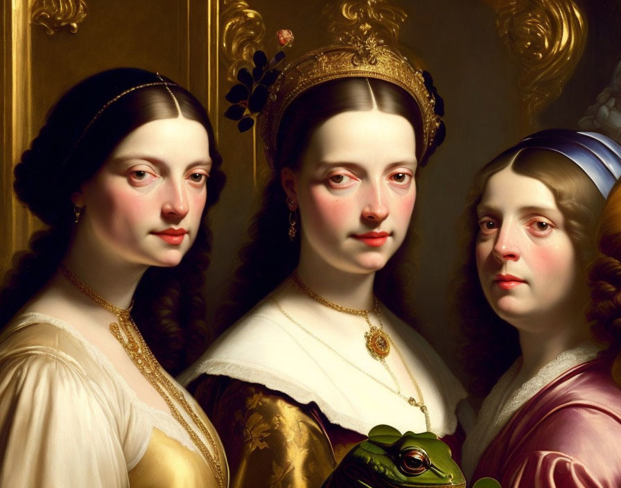 Elegant historical portrait of three women with regal hairstyles