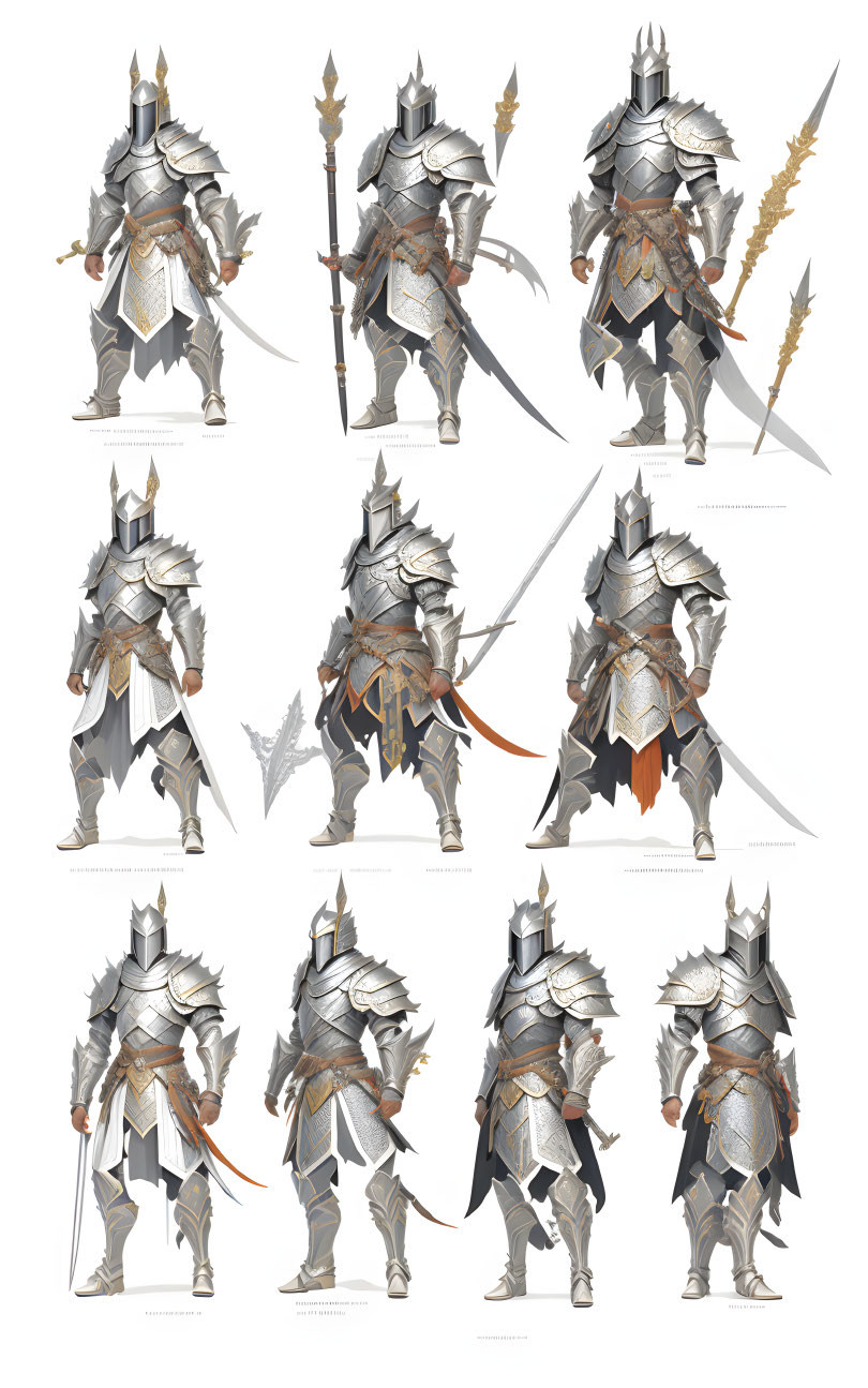 Collection of Nine Armored Knight Designs with Various Helmets, Weapons, and Cloaks on White Background