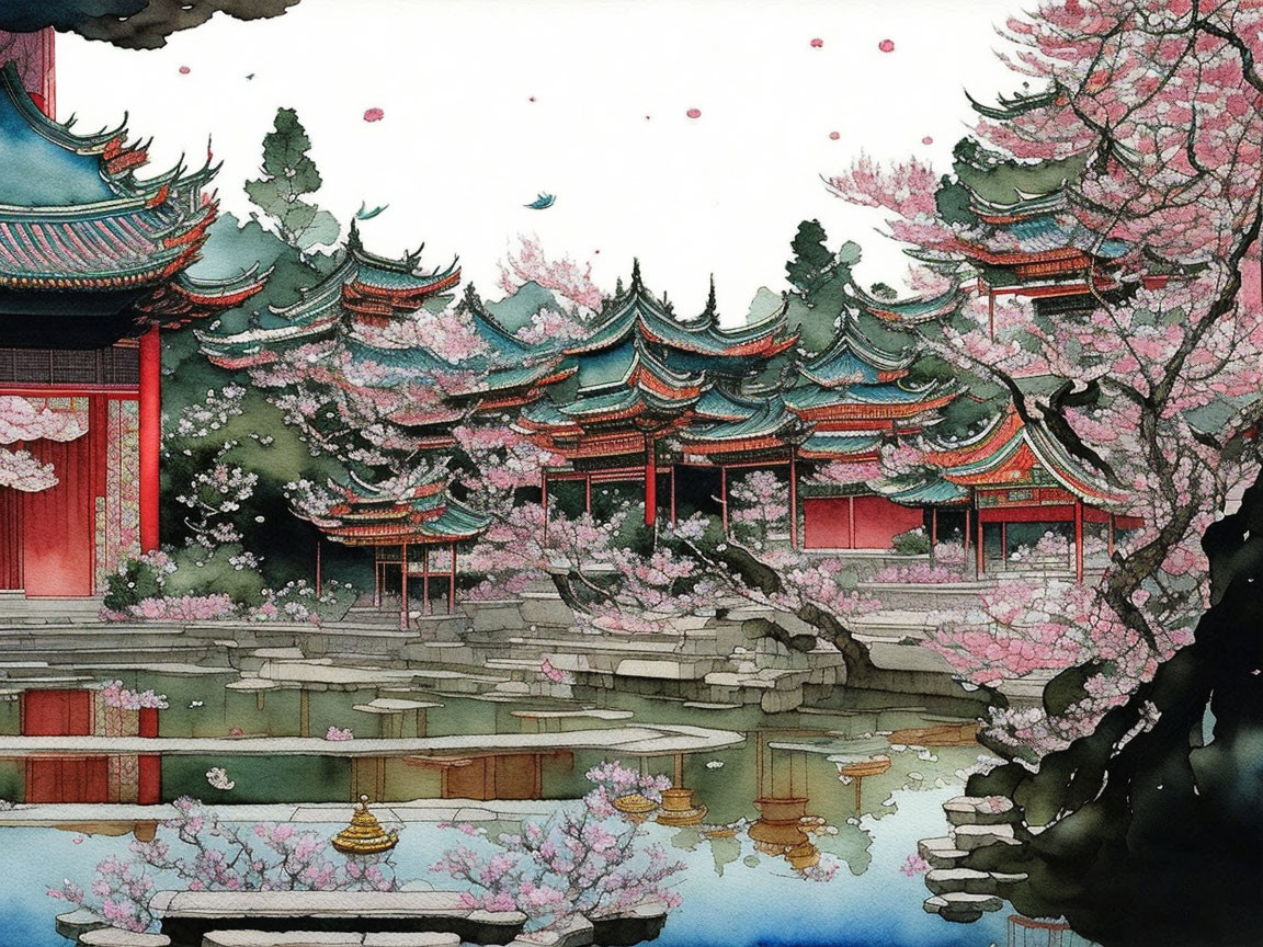 Asian-style Buildings with Multi-tiered Roofs by Calm Pond & Cherry Trees