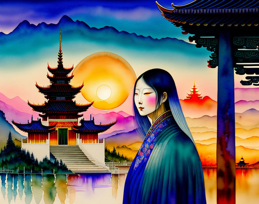 Colorful Asian woman in traditional attire with pagoda and sunset - vibrant illustration