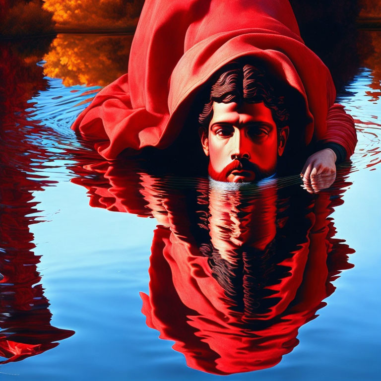 Person in Red Cloak Partially Submerged in Reflective Water