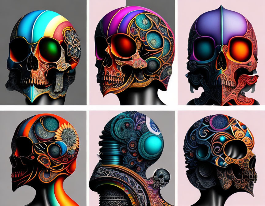 Colorful Skull Illustrations with Sunglasses on Gradient Background