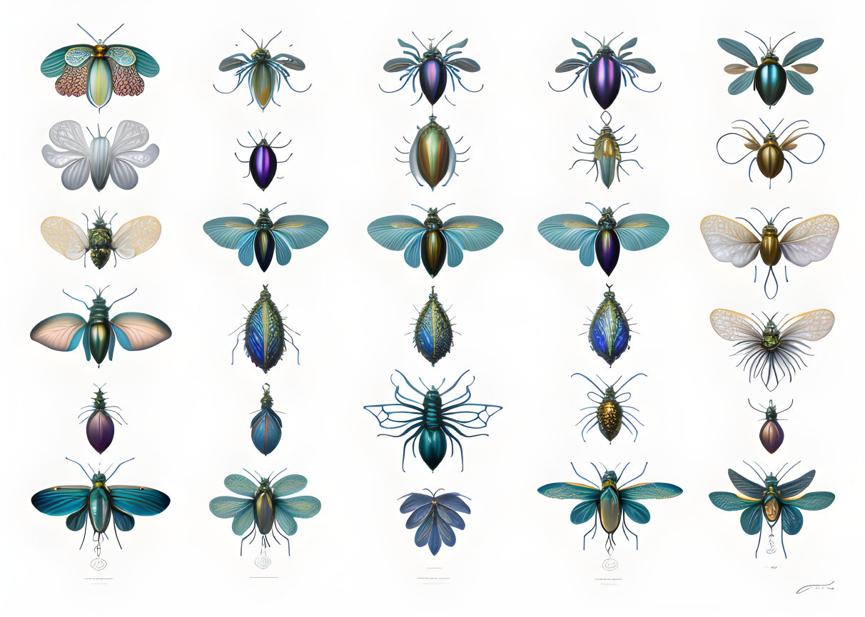 Twenty Colorful Beetle Illustrations on White Background