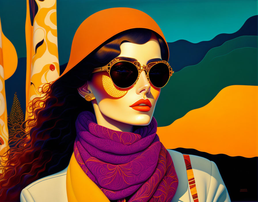 Colorful portrait of a woman in sunglasses and hat with flowing lines and vibrant hues.