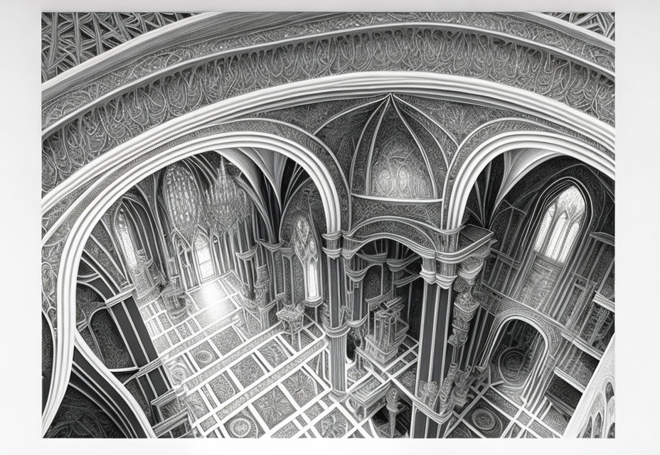 Intricate Gothic Architecture Interior with Ribbed Vaults and Arched Windows