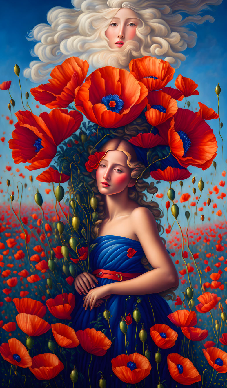 Surreal illustrated portrait of two female figures with red poppies on blue sky