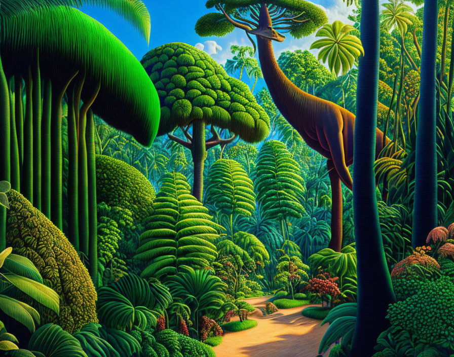 Vibrant prehistoric jungle with towering trees and clear path amid lush foliage