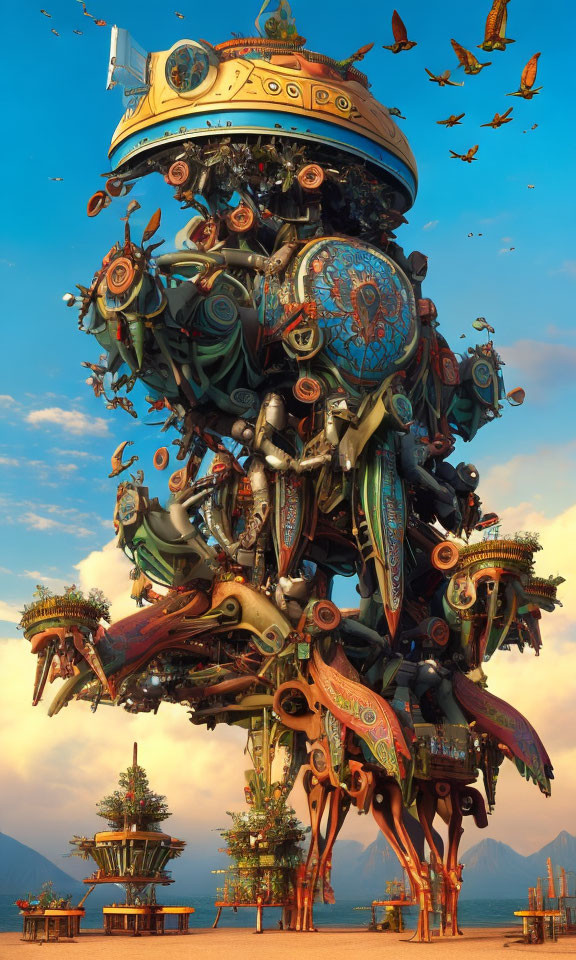 Steampunk structure with mechanical legs and gears under clear sky