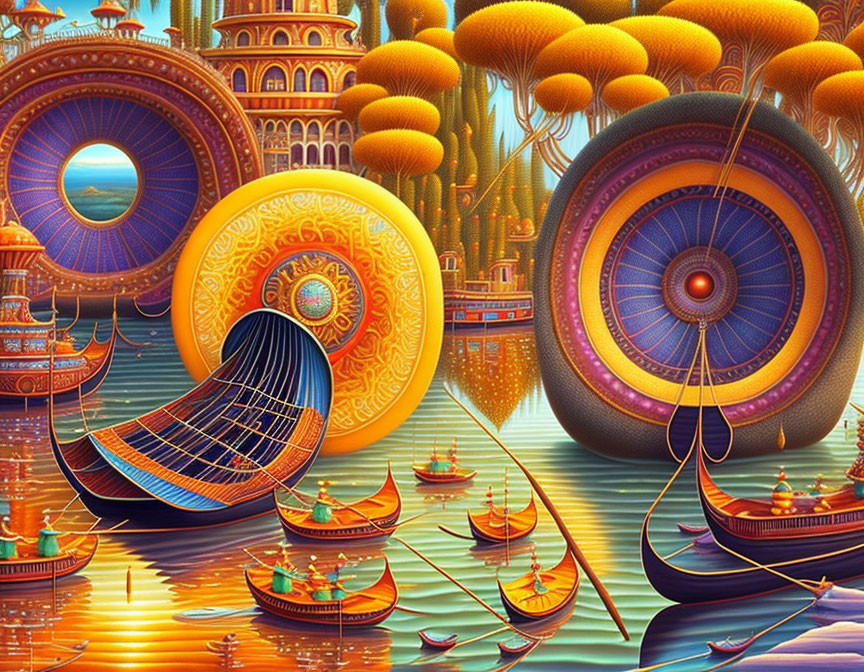 Colorful fantasy landscape with golden trees, ornate wheels, and shimmering water.