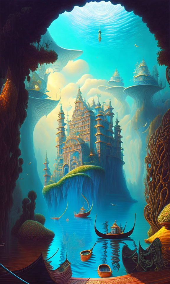 Fantasy landscape with castle, river, and floating island