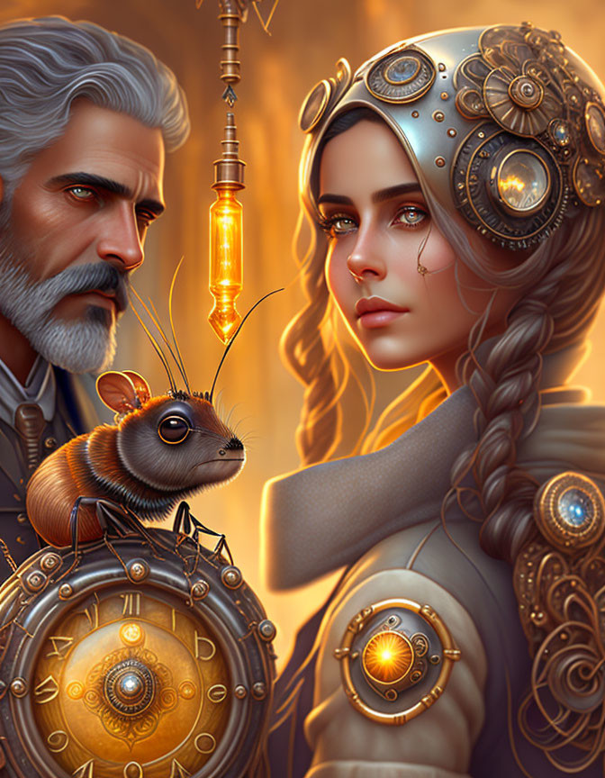 Elderly man and young woman in steampunk outfits with mechanical mouse