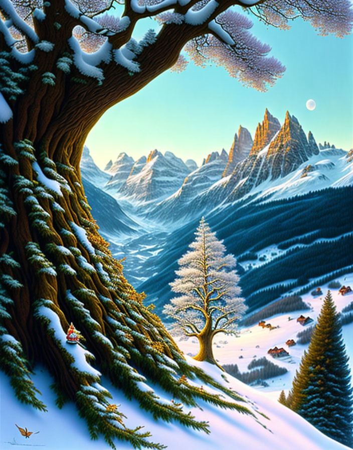 Snow-covered majestic tree overlooking serene valley with mountains, cabin, and smaller tree in snowy landscape.