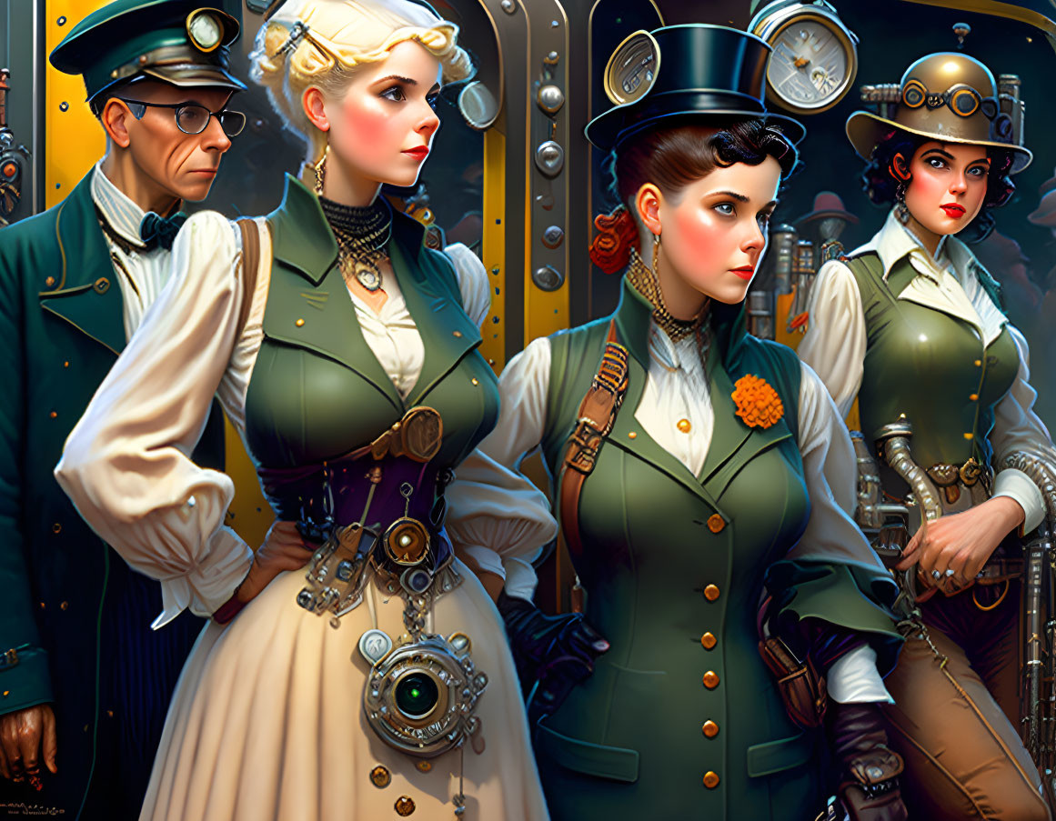 Four individuals in steampunk attire against metallic backdrop