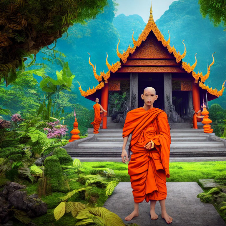 Monk in orange robes at traditional temple in lush tropical landscape