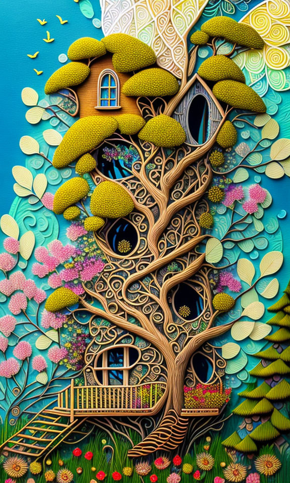 Intricate Paper Art Treehouse with Flowers and Birds on Blue Background