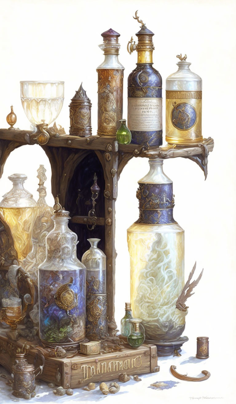 Detailed illustration of ornate potion cabinet with magical objects & luminous contents