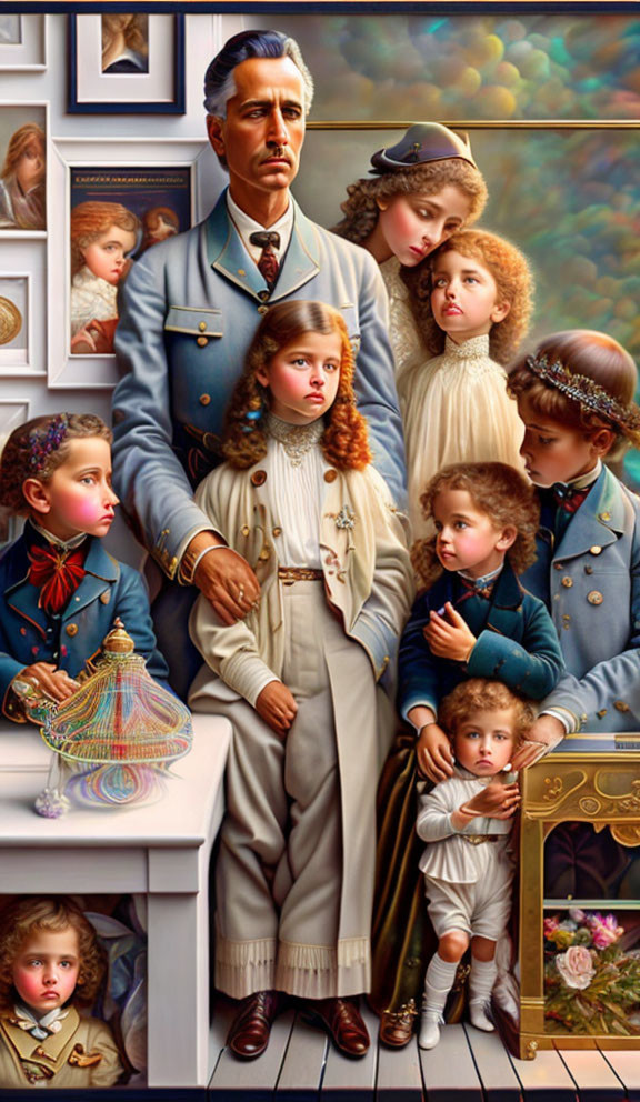 Portrait of a Man in Light Blue Uniform with Seven Children in Period Attire