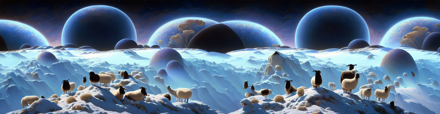 Sheep herd on surreal alien landscape with multiple moons.
