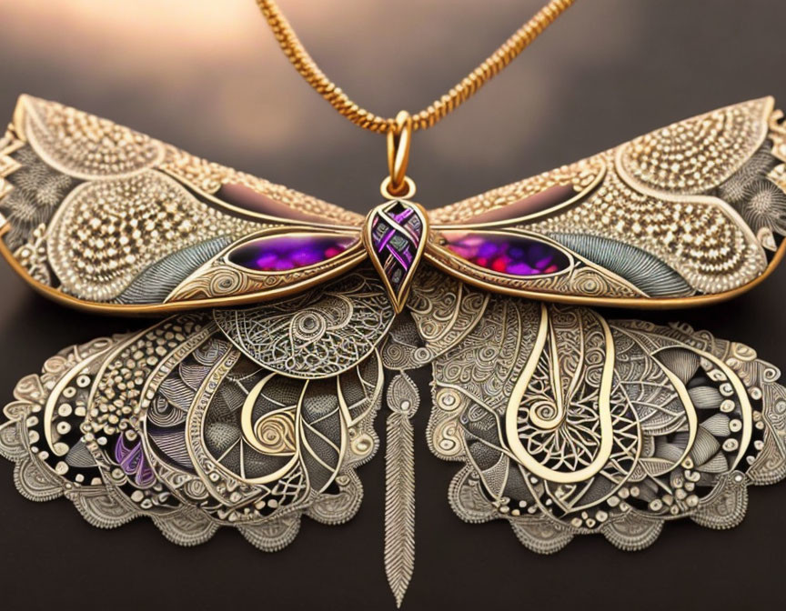 Butterfly-shaped Pendant with Purple Gemstones and Gold Accents