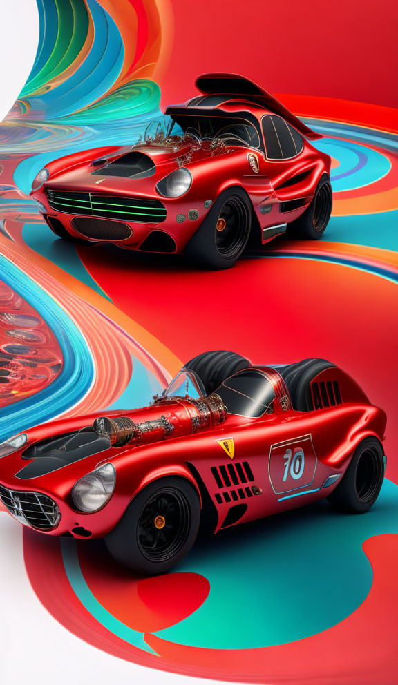 Two red sports cars on colorful swirl background.