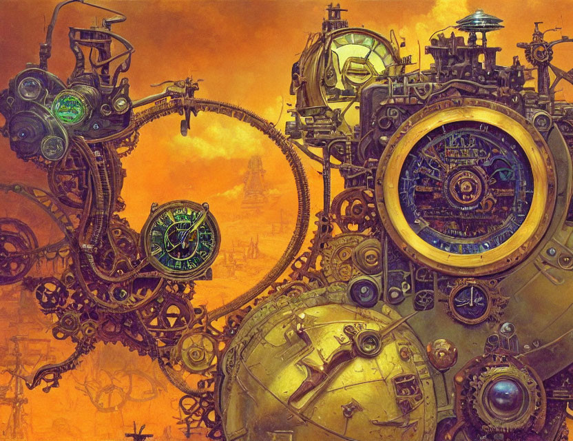 Detailed Steampunk Artwork with Gears and Spherical Structures