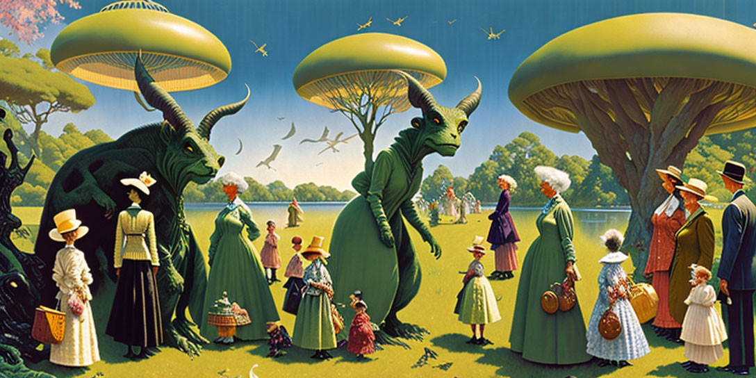 Victorian-era people with alien creatures under hovering spacecraft in vibrant pastoral scene