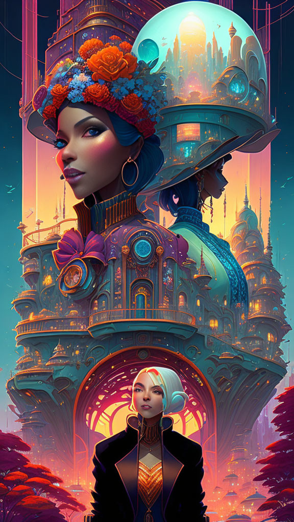 Futuristic digital artwork of woman with city dome and neon background