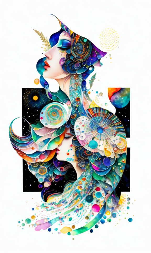 Colorful dual profile cosmic and floral artwork with swirling hair and gold accents on white background