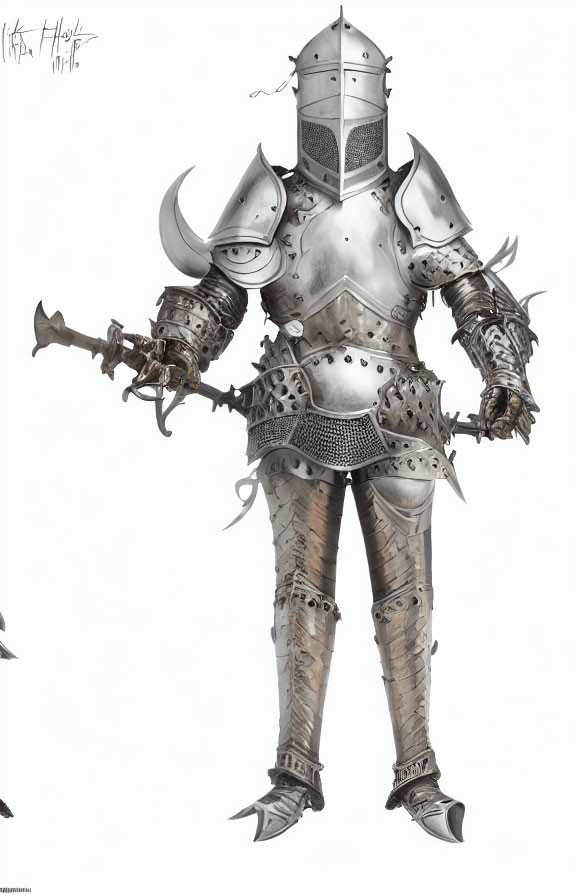 Detailed full-body illustration of a horned knight in ornate plate armor with a mace