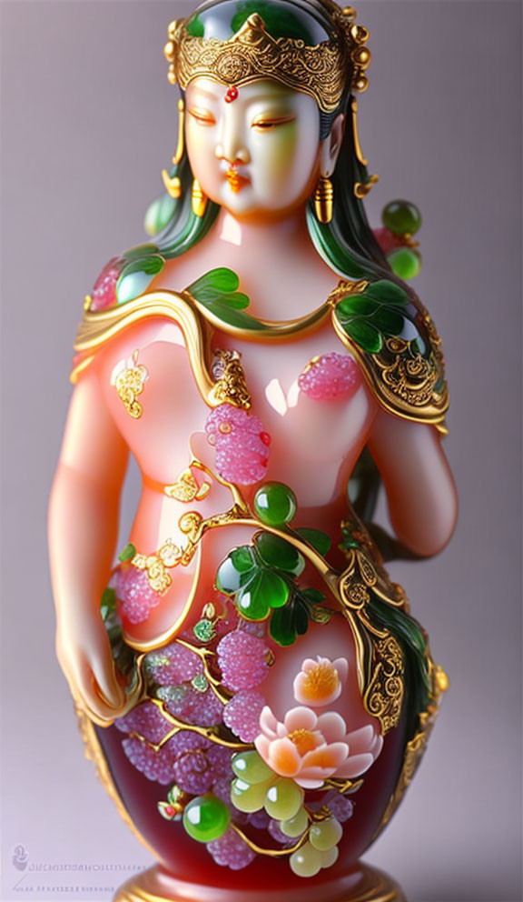 Colorful Statue of Voluptuous Female Figure with Ornate Jewelry and Garments