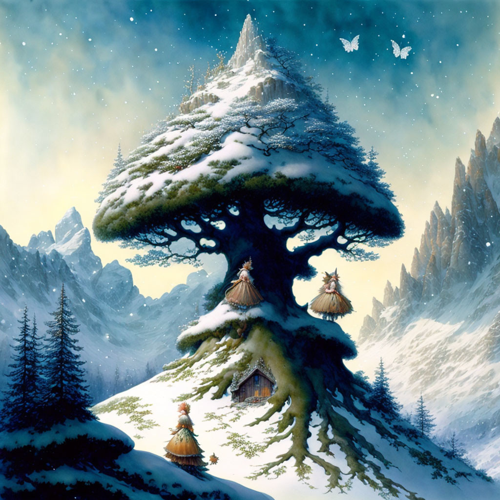 Snowy scene with tree, huts, mountains, and butterflies in blue sky