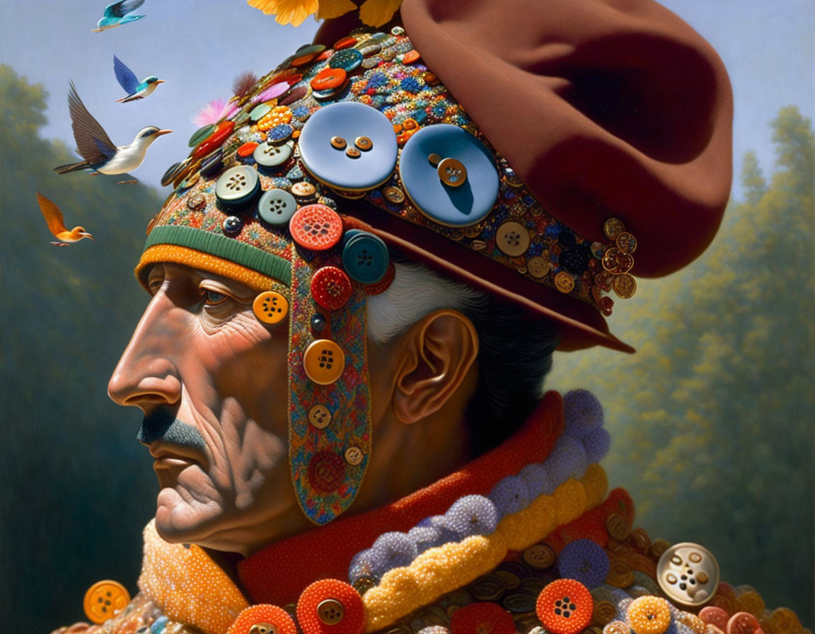 Man with Hat and Button-Adorned Garments Surrounded by Birds and Butterflies