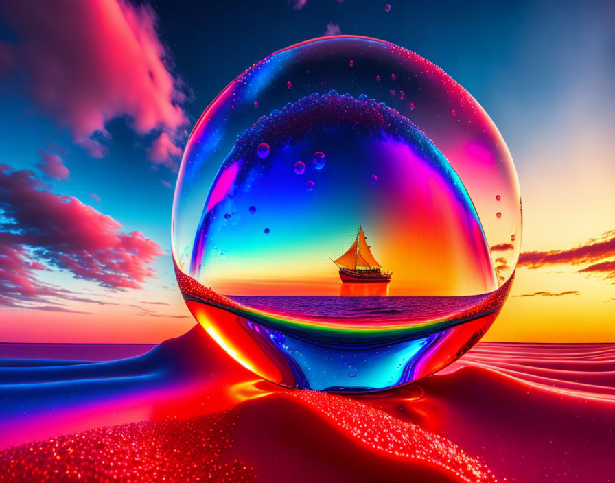 Colorful sunset sky with giant bubble over ocean landscape.