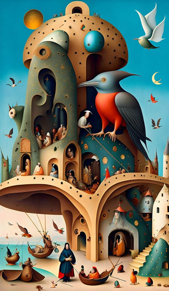 Fantastical surreal artwork: tree-like structure, humanoids, large bird, smaller birds, boats